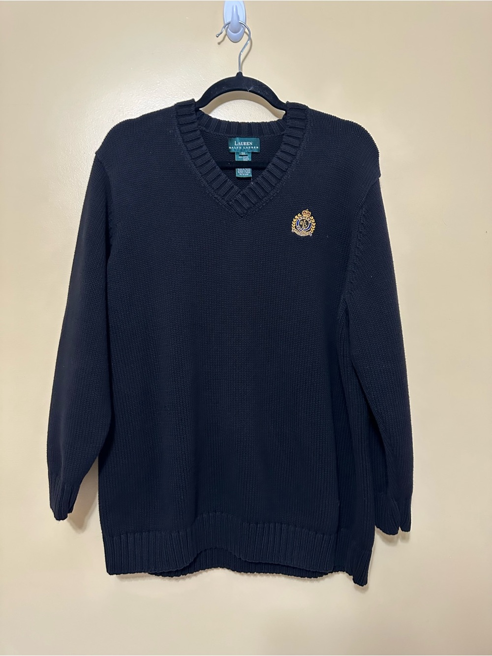 Lauren Ralph Lauren Knit V-Neck Crest Pullover Ribbed Sweater Womens 3X Black